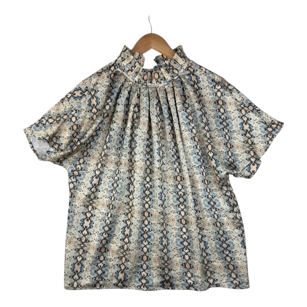 Caroline‎ Hill Snakeskin Print Mock Neck Blouse size Medium Beige/Blue
